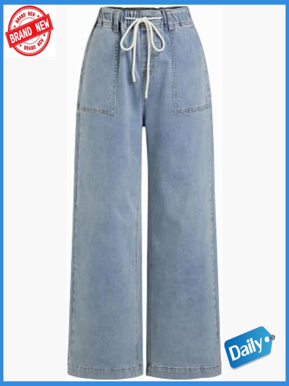 Womens Drawstring Baggy Wide Leg Jeans High Elastic Waist Boyfriend with Deep